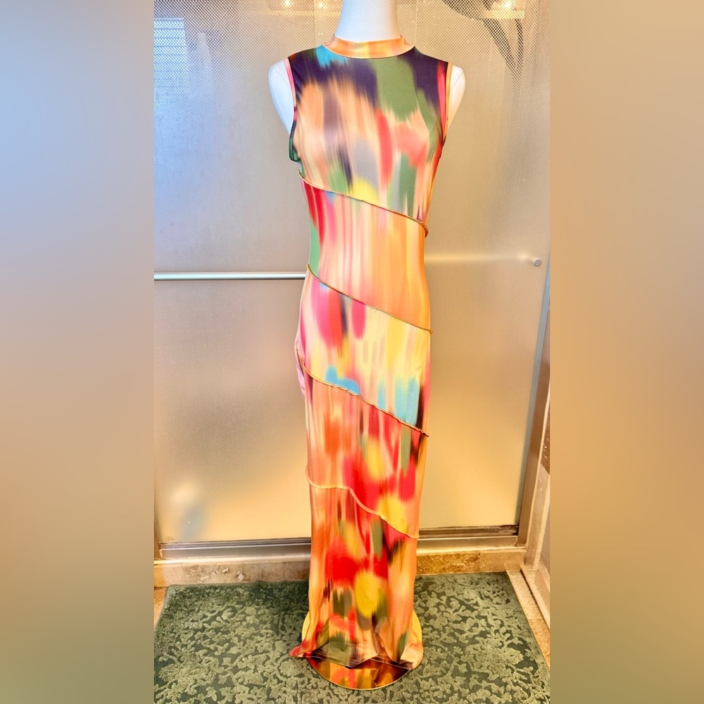 Bodycon Stretchy Multicolor Sleeveless Maxi Dress w Mock Neck - Picture 3 of 16